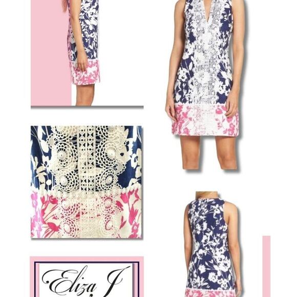 Eliza J Floral Embroidered Lace Trim V-Neck Sleeveless Sheath Dress | Size 4 - Picture 4 of 14